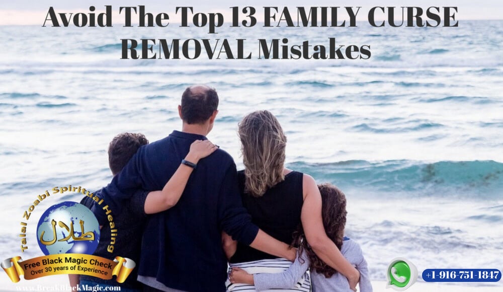 Family curse removal, family of 4 with arms around each other looking at ocean.